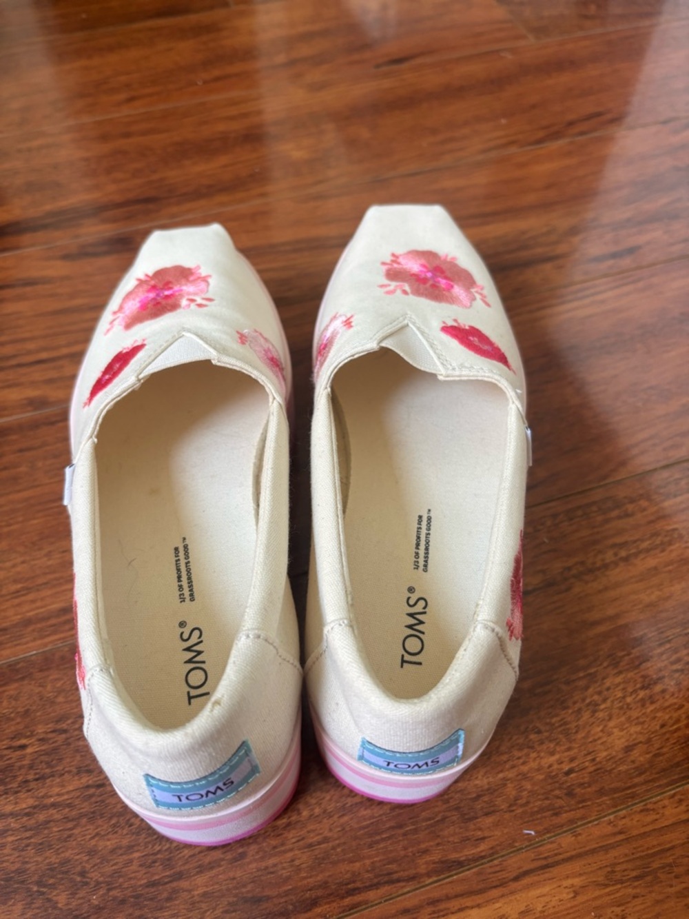 TOMS Cream Canvas Platform Slip-Ons with Pink Floral Embroidery - Picture 7 of 12